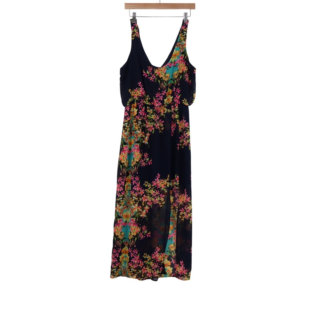 2b Bebe Floral Maxi Dress Navy Blue Sleeveless V-Neck Side Slit Size L